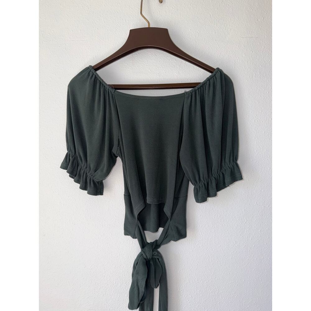 Olive Green Off Shoulder Puff Ribbed Crop Top Peasant Cottagecore Tie-Back Med